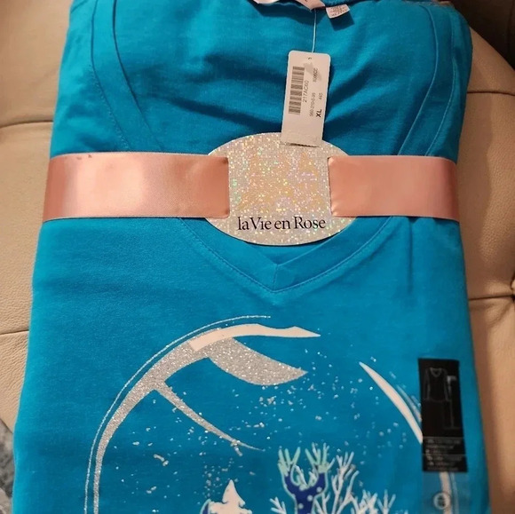 La Vie en Rose 2pc Pajama Set Cotton Shirt Long Sleeve Fleece  Pants XL - Picture 1 of 5